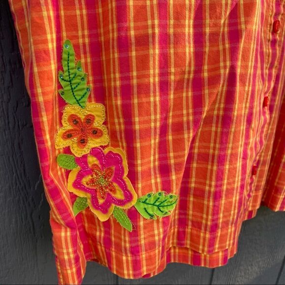 Bechamel Button Up Orange Plaid Floral Applique Shirt XL - Picture 2 of 9